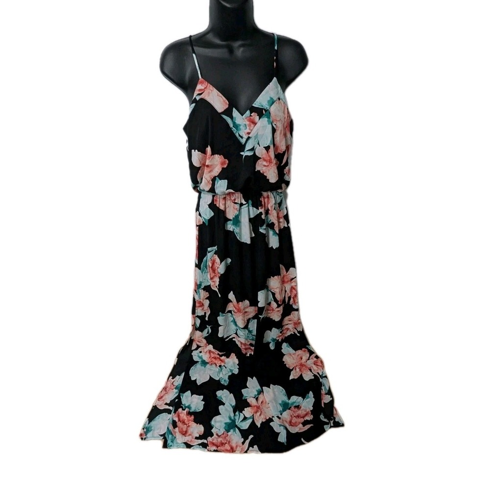 White House Black Market Maxi Dress Womens 0 Black Floral Spaghetti Straps Vneck